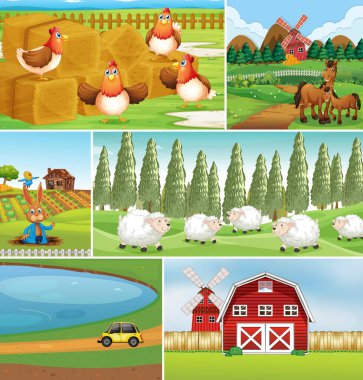 Bir dizi çiftlik manzarası çizimi