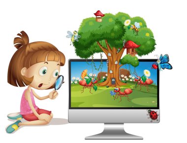 Bilgisayar arkaplanındaki böcek çizgi film perisi çizimi