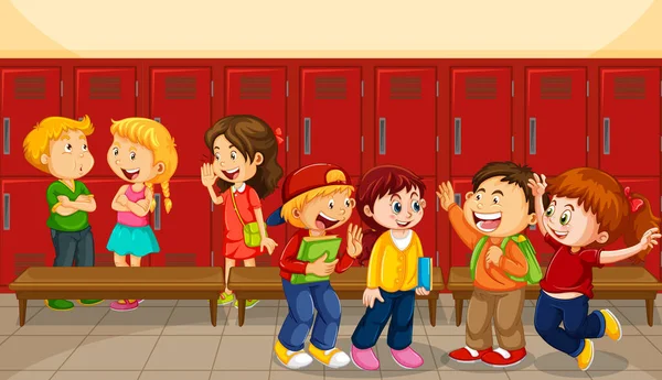 Barn Talar Med Sina Vänner Med Skolan Skåp Bakgrund Illustration — Stock vektor