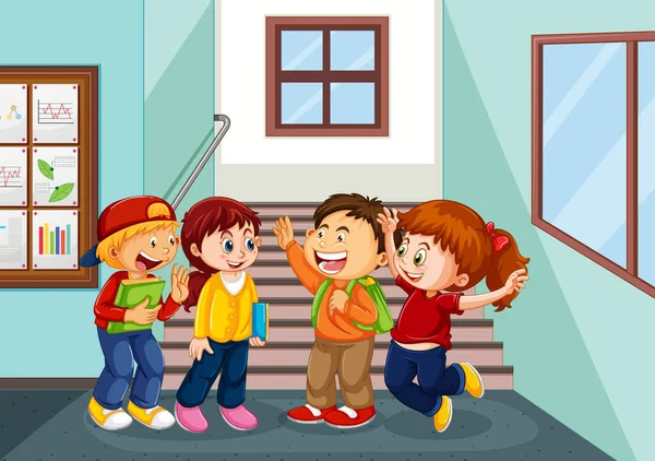 Enfants Heureux Dans Couloir École Illustration — Image vectorielle