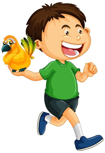 Niño Feliz Sosteniendo Loro Ilustración — Vector de stock