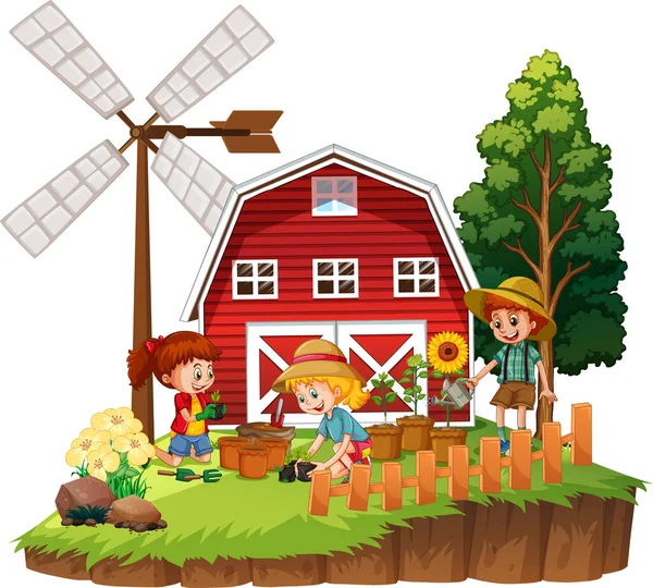 Children Planting Flower Red Barn Farm Theme Illustration — Stock Vector