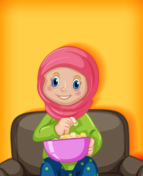 Desenho Animado Muçulmano Feminino Personagem Comendo Pipoca Ilustração — Vetor de Stock