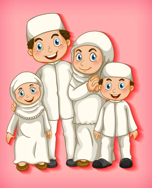 Anggota Keluarga Muslim Pada Kartun Karakter Warna Gradien Latar Belakang - Stok Vektor