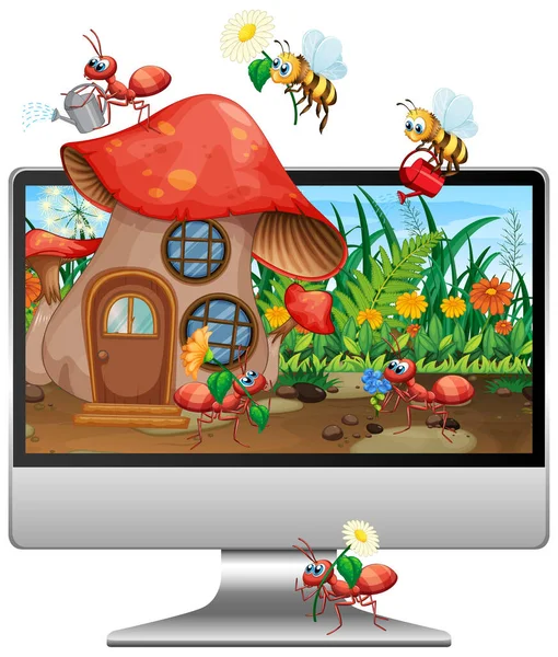 Insect Land Computer Desktop Illustration — Stock Vector
