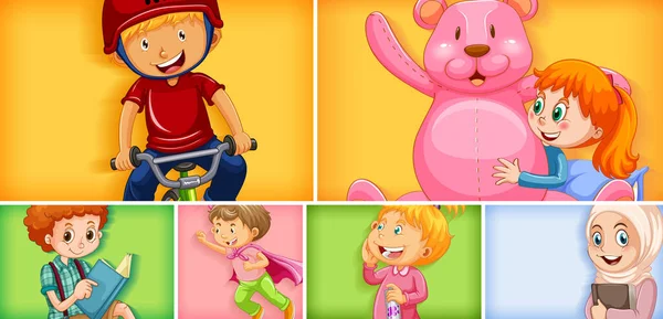 Set Diversi Personaggi Bambini Diverse Illustrazioni Sfondo Colori — Vettoriale Stock