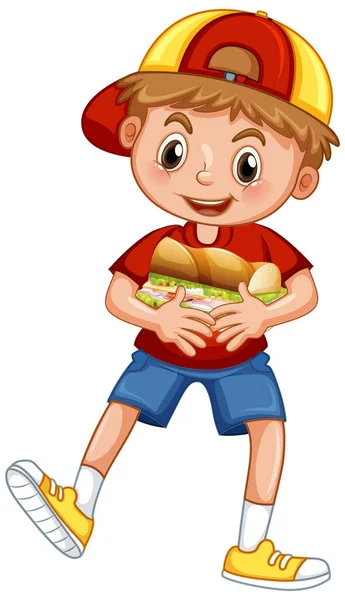 快乐男孩拿着三明治插图 — 图库矢量图片
