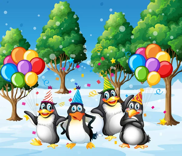 Pinguïns Groep Feest Thema Cartoon Karakter Bos Achtergrond Illustratie — Stockvector