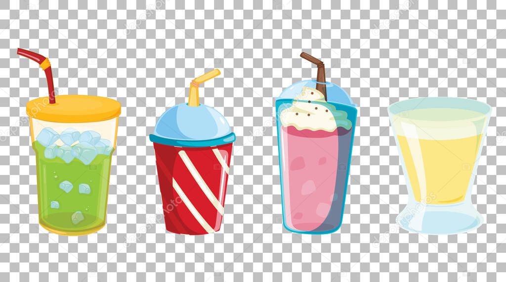Set of different types of soft or sweet drinks isolated on transparent background illustration