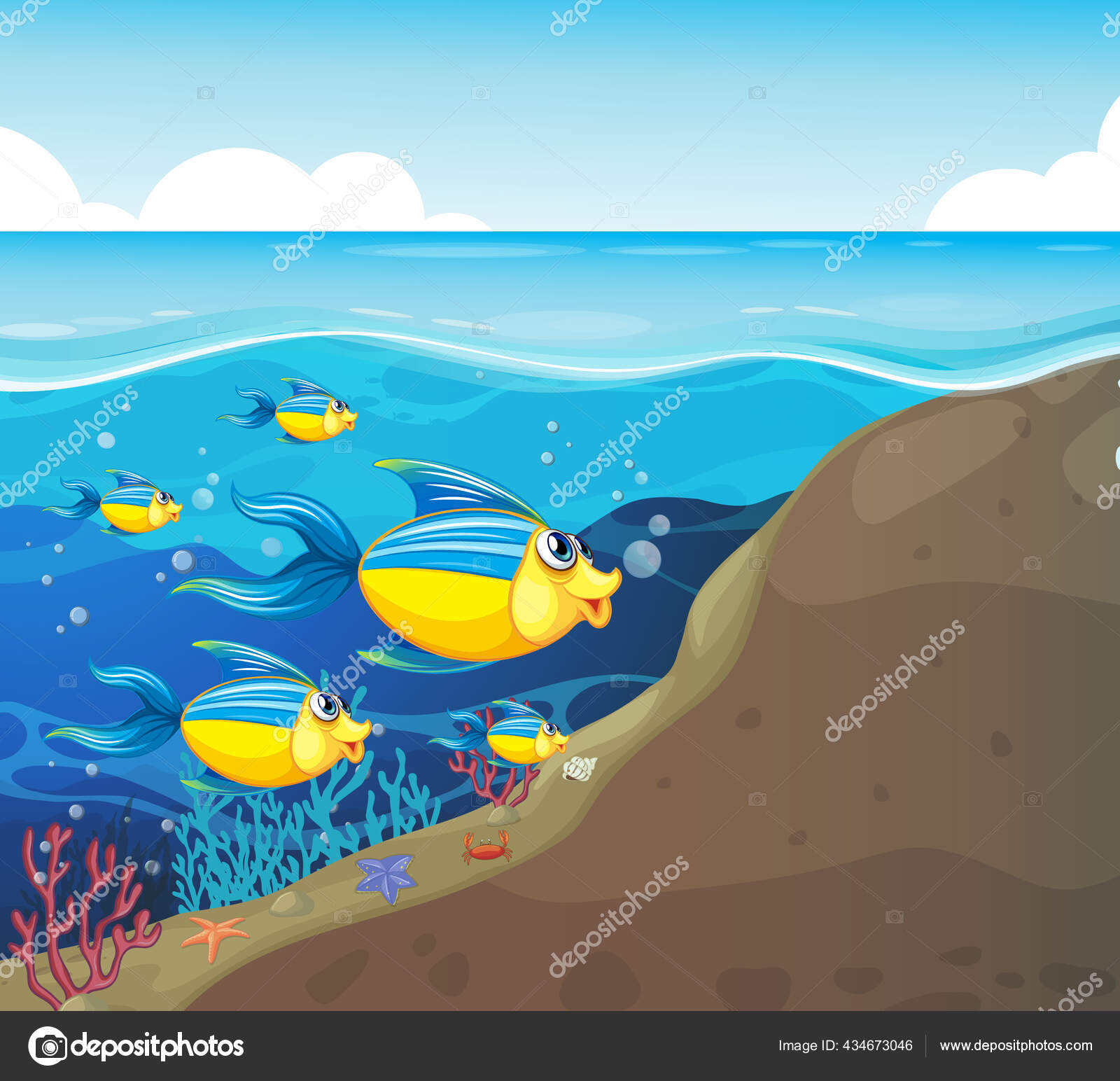 Banyak Karakter Kartun Ikan Eksotis Gambar Latar Belakang Bawah Air Stok Vektor Interactimages 434673046