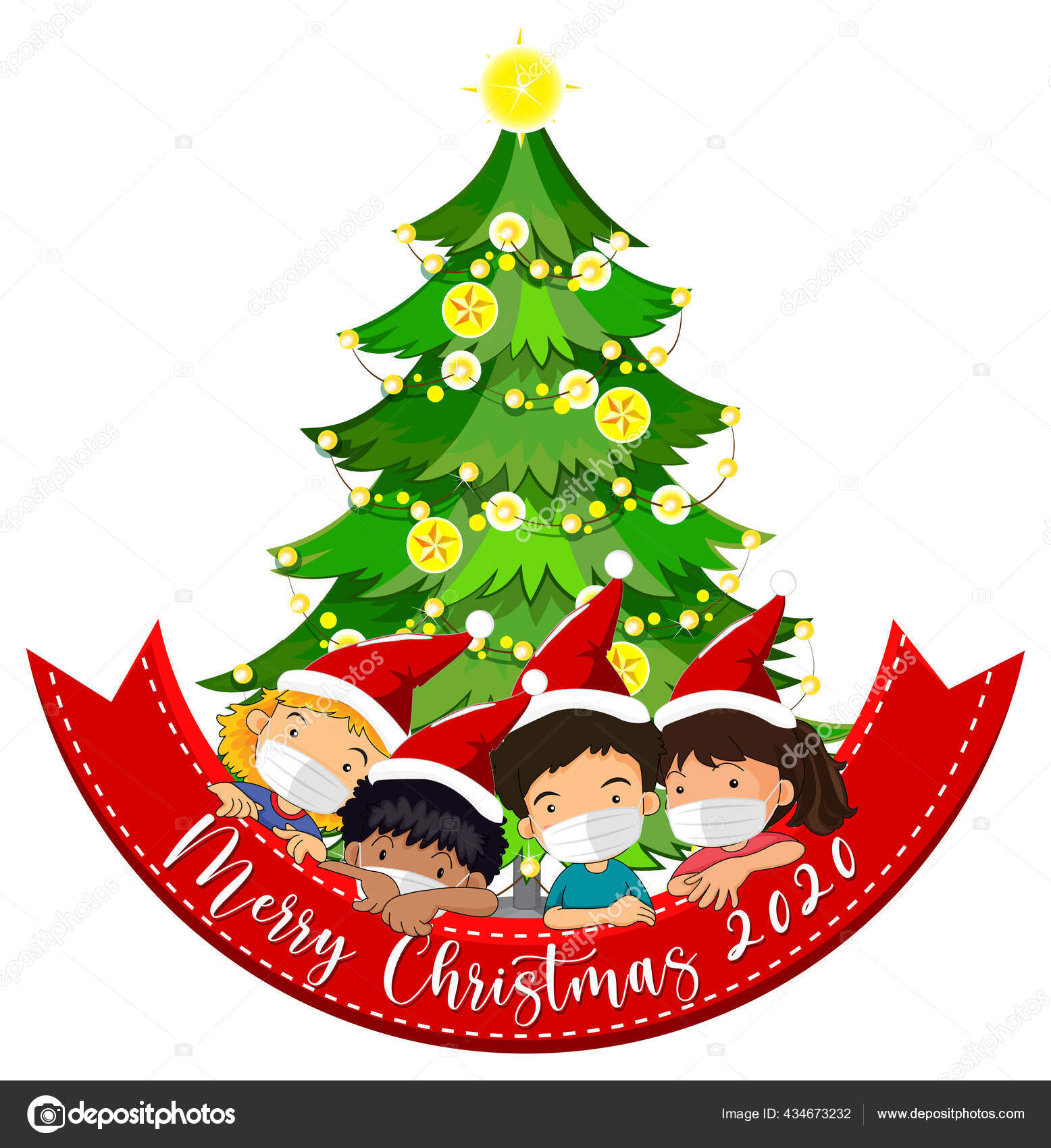 Feliz Navidad 2020 Banner Fuente Con Niños Usando Máscara Sobre