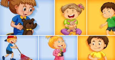 Farklı arkaplan resimlerinde farklı çocuk karakterleri kümesi