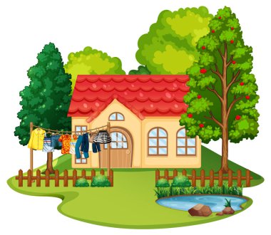 Bir sürü kıyafet ev sahnesinin dışında asılı duruyor.