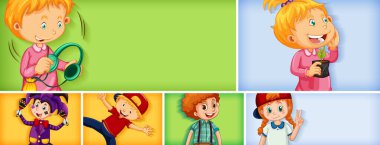 Farklı arkaplan resimlerinde farklı çocuk karakterleri kümesi