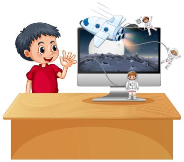 Bilgisayarın yanındaki çocuk uzay sahnesi masaüstü resimlemesi ile