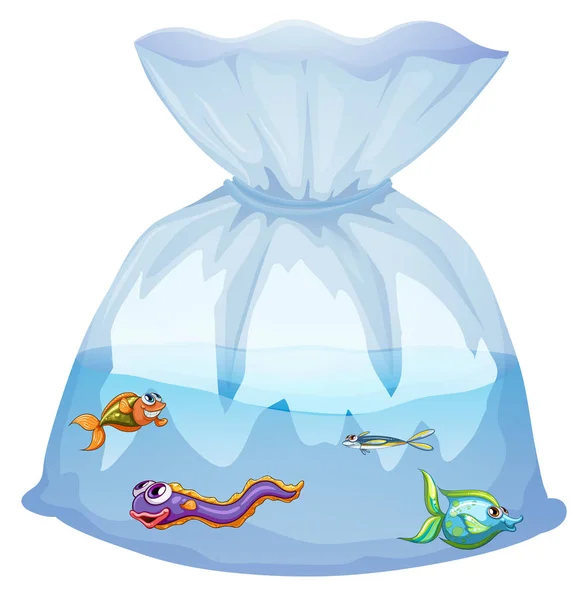 Cute Fishes Plastic Bag Cartoon Isolated Illustration — Stock Vector