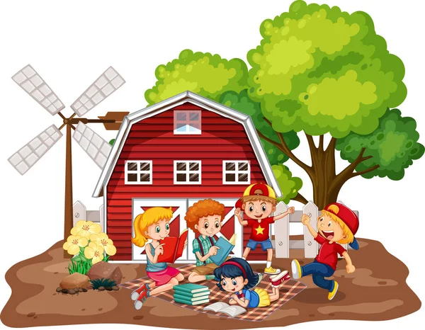 Children Red Barn Farm Scene White Background Illustration — Stock Vector