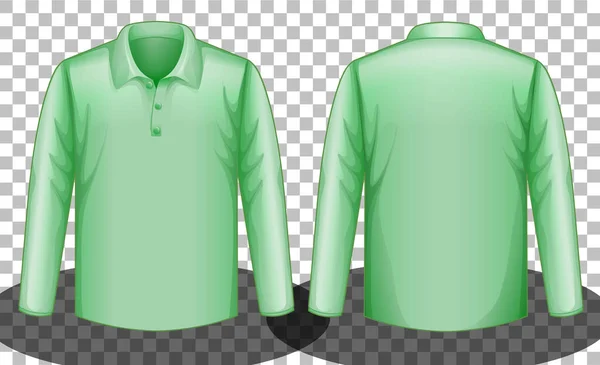绿色长袖马球衫正面和背面插图 — 图库矢量图片