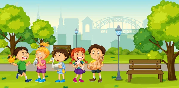 Enfants Jouant Avec Leurs Animaux Dans Parc Illustration Scène — Image vectorielle