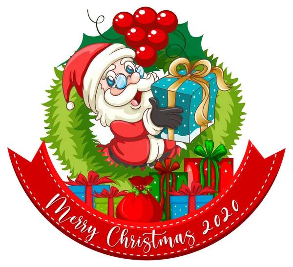 Merry Christmas 2020 Font Banner Santa Claus Holding Gift Box — Stock Vector