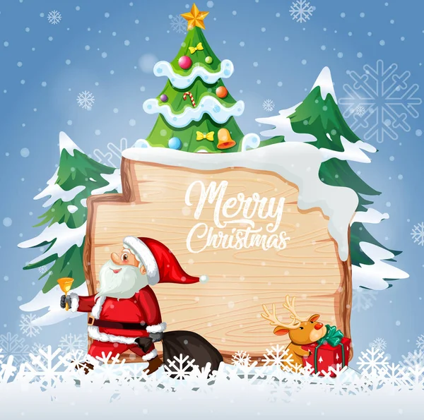 Merry Christmas Czcionek Logo Drewnianej Planszy Postaci Kreskówek Bożego Narodzenia — Wektor stockowy