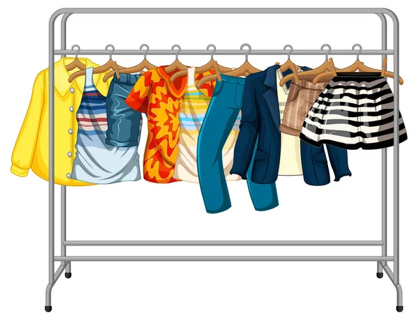 Many Clothes Hanging Clothes Rack White Background Illustration — Stock Vector