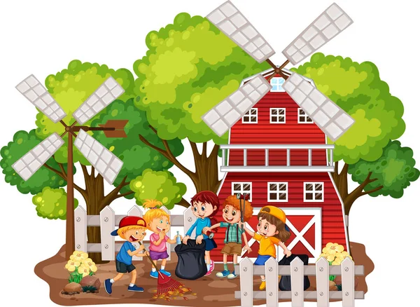 Kinder Reinigen Bauernhofszene Auf Weißem Hintergrund Illustration — Stockvektor