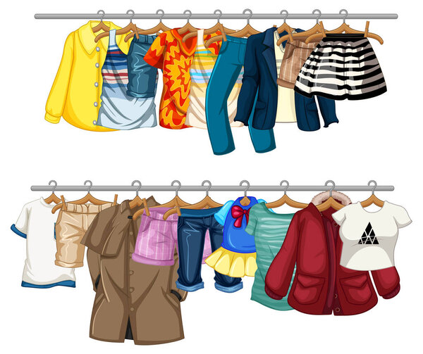 Many clothes hanging on a line on white background illustration