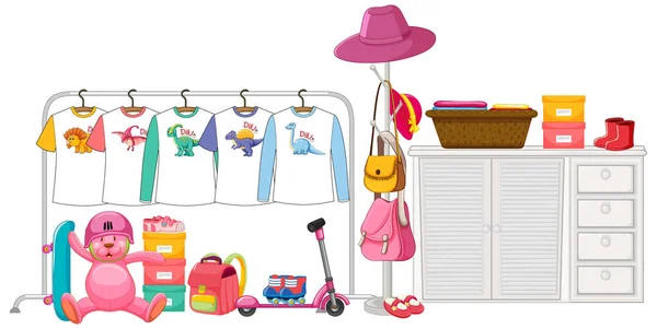 Ropa Para Niños Colgada Perchero Con Accesorios Sobre Fondo Blanco — Vector de stock