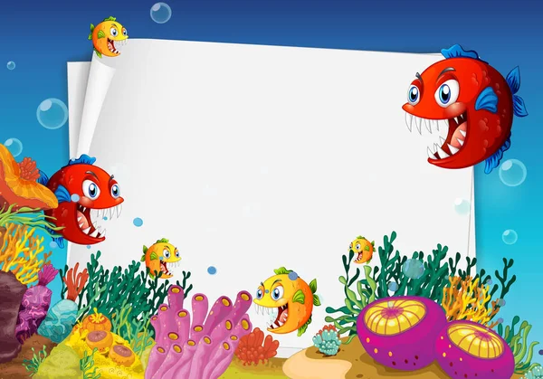 Blank Paper Template Exotic Fishes Cartoon Character Underwater Scene Illustration — Stock Vector