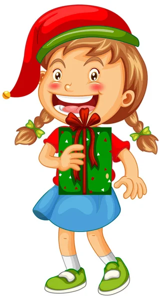 Nettes Mädchen Trägt Weihnachtsmütze Und Hält Eine Geschenkbox Auf Weißem — Stockvektor