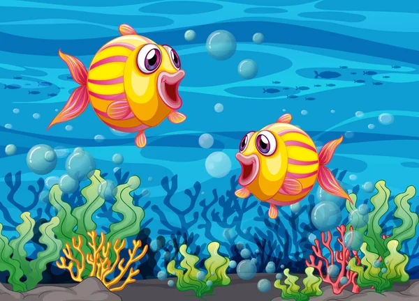 Many Exotic Fishes Cartoon Character Underwater Background Illustration — Stock Vector