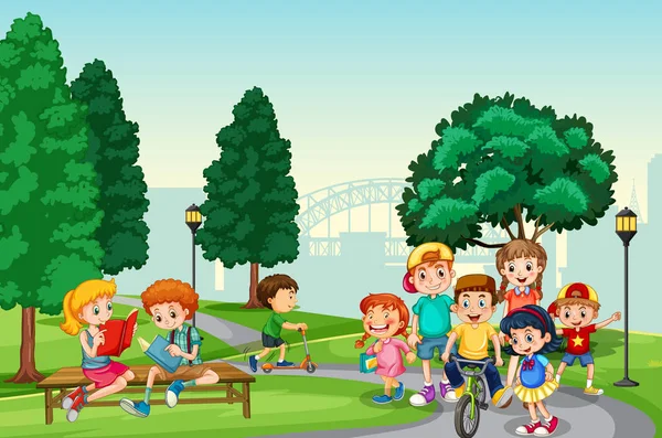 Bambini Divertono Con Loro Attività Nella Scena Del Parco Illustrazione — Vettoriale Stock