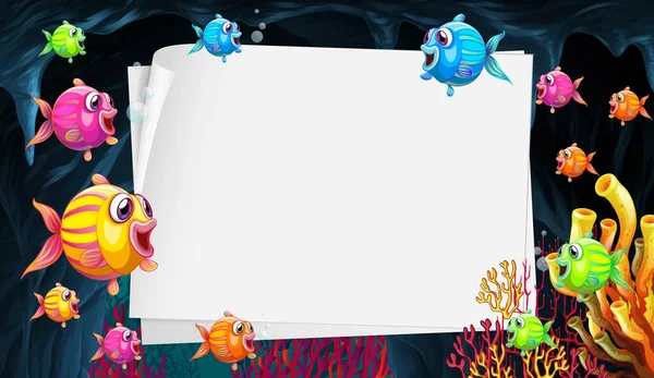 Blank Paper Template Exotic Fishes Cartoon Character Underwater Scene Illustration — Stock Vector