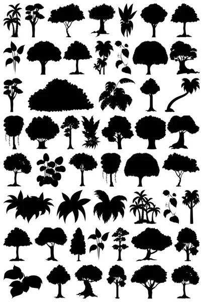 Set Van Planten Bomen Silhouet Illustratie — Stockvector