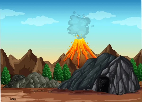 Sopečná Erupce Venkovní Scéna Pozadí Ilustrace — Stockový vektor