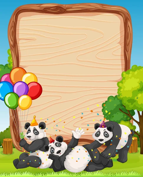 Blanco Houten Bordsjabloon Met Panda Feestthema Bosachtergrond Illustratie — Stockvector