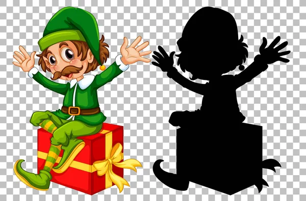 Happy Elf Sitting Present Box Illustration — Stock Vector