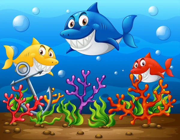 Many Sharks Cartoon Character Underwater Background Illustration — Stock Vector