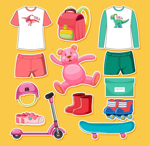 Set Pink Green Color Toys Clothes Isolated Yellow Background Illustration — Stock Vector