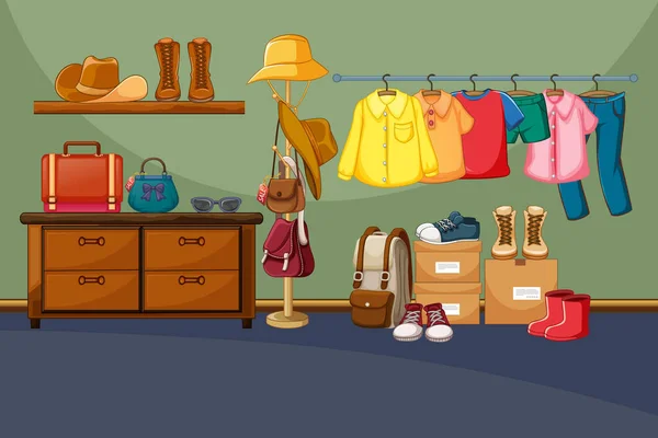 Kleding Een Waslijn Met Accessoires Room Scene Illustratie — Stockvector