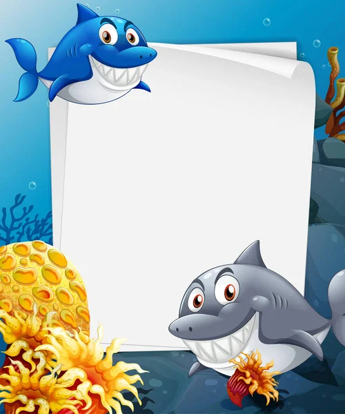 Blank Paper Template Many Sharks Cartoon Character Underwater Scene Illustration — Stock Vector