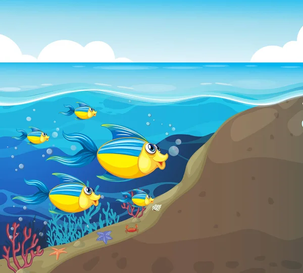 Mnoho Exotických Ryb Kreslený Znak Podmořském Pozadí Ilustrace — Stockový vektor
