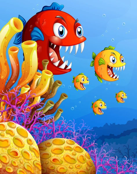 水中の背景イラストの多くのエキゾチックな魚の漫画のキャラクター — ストックベクタ