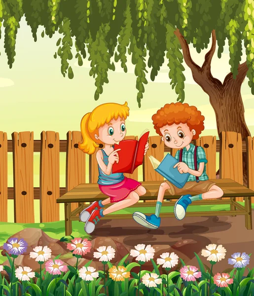 若い男の子と女の子は庭のシーンのイラストで本を読んで — ストックベクタ
