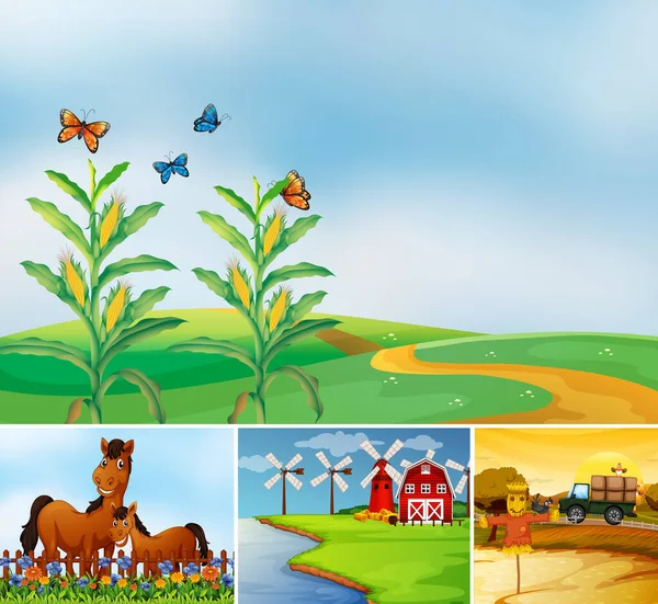 Conjunto Diferentes Escenas Granja Con Ilustración Estilo Dibujos Animados Granja — Vector de stock