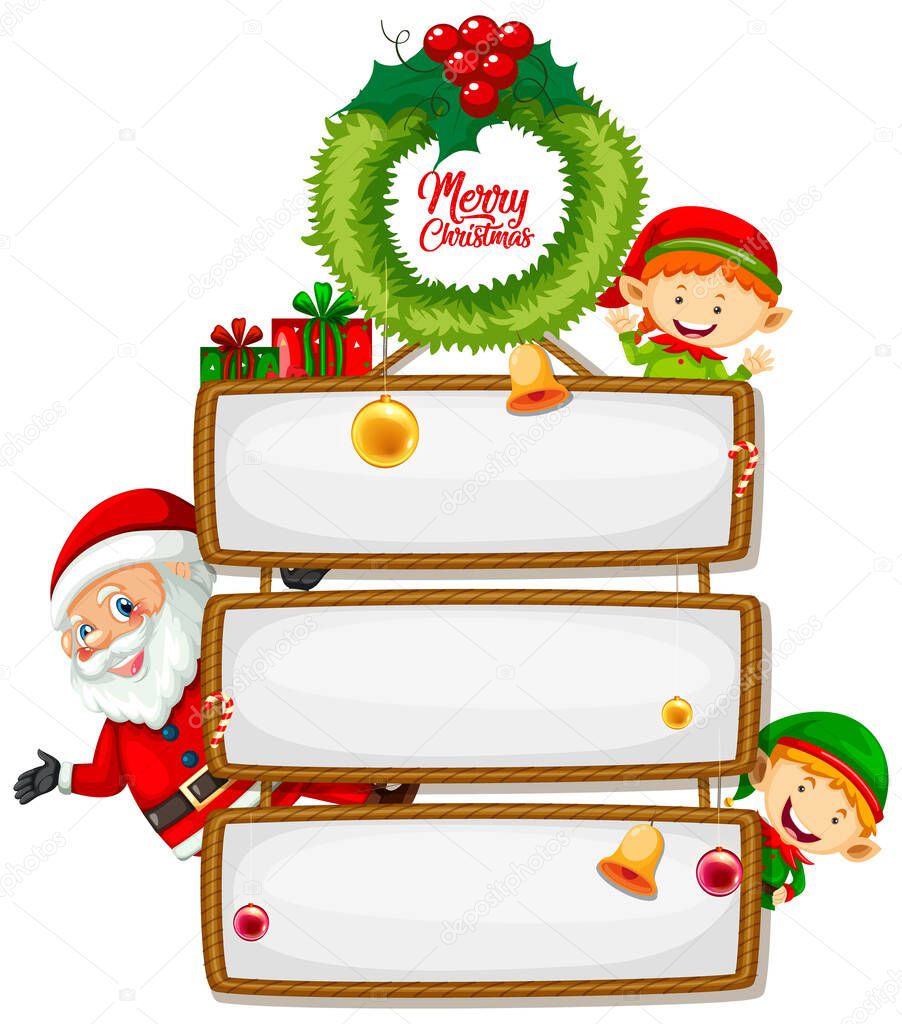 Blank wooden sign with Merry Christmas font logo with christmas cartoon character on white background illustration