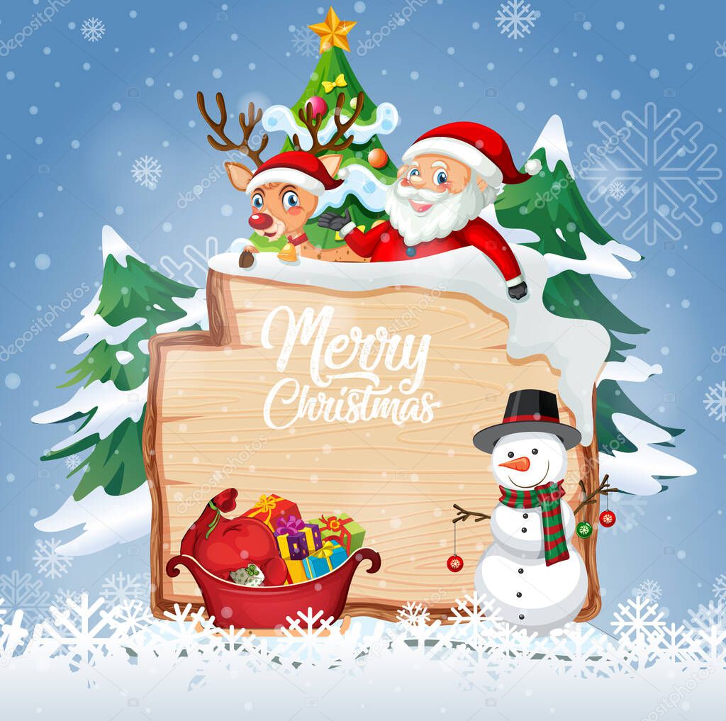 Merry Christmas font logo on wooden board with Christmas cartoon character in snow scene illustration