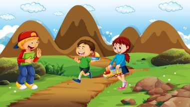 Park illüstrasyonunda birçok çocuğun oynadığı sahne