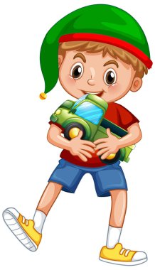 Noel şapkası takan ve beyaz arkaplanda oyuncağıyla oynayan sevimli çocuk.